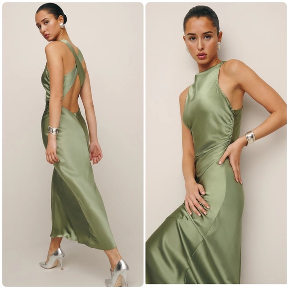Reformation Casette Silk Dress in Artichoke - Picture 2 of 11